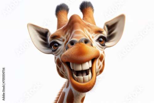 photorealistic mid portrait of a giraffe with a big teeth smile and huge eyes on a white background. ai generative