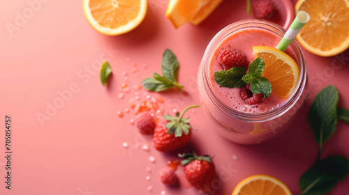 Fresh fruits and berries smoothie in a glass with free place for text. Healthy food concept background, banner