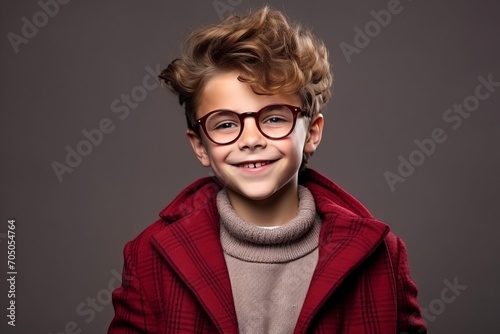 Portrait of a cute little boy in red coat and glasses. Studio shot. photo