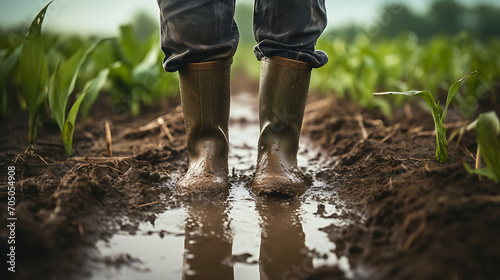Farmer in wet field after rain in rubber boots and increasing crop success, farmer with a photo of half his body from stomach to feet photo