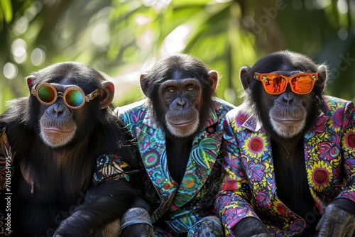 A wild bunch of stylish simians, donning vibrant suits and shades, showcase their playful primate personalities in the great outdoors