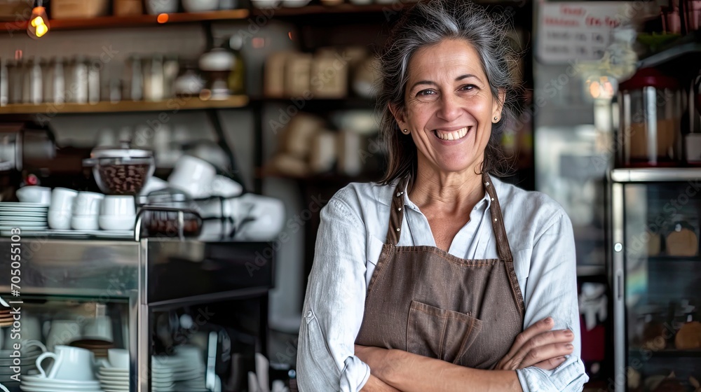 A joyful lady stands in her cozy kitchen, adorned in a warm brown apron as she smiles with delight while browsing the shelves of her favorite store for the perfect coffee and food to share with loved - obrazy, fototapety, plakaty 