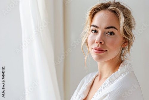 Happy attractive blonde woman in white silky bathrobe posing at white bathroom, smiling at camera, closeup portrait, panorama with copy space. Face and skin care at home concep