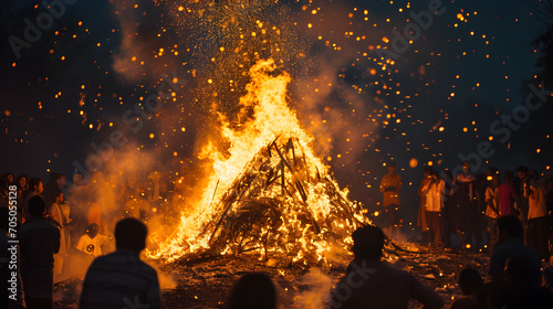 Holika Dahan or Choti Holi or the festival of bonfires, an important Hindu festival celebrated on the night before Holi. Generative AI photo