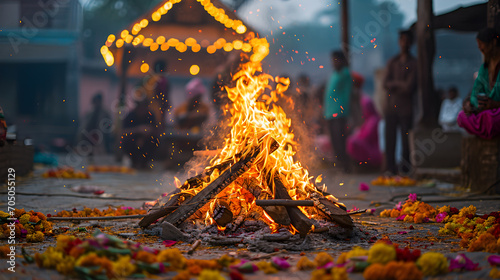 The fire ritual, the traditional festival of bonfires, Holika Dahan or Choti Holi, an important Hindu festival celebrated on the night before Holi. Generative AI photo