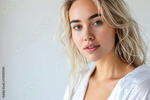 Happy attractive blonde woman in white silky bathrobe posing at white bathroom, smiling at camera, closeup portrait, panorama with copy space. Face and skin care at home concep