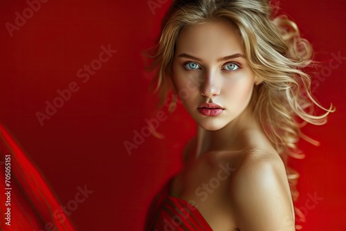 A stunning fashion model with long blonde hair and piercing blue eyes captivates the camera during an indoor photo shoot, her flawless face adorned with bold red lipstick and perfectly lined eyes