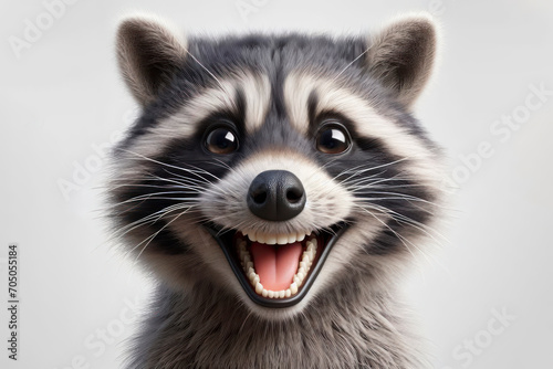 photorealistic mid portrait of a raccoon with a big teeth smile and huge eyes on a white background. ai generative