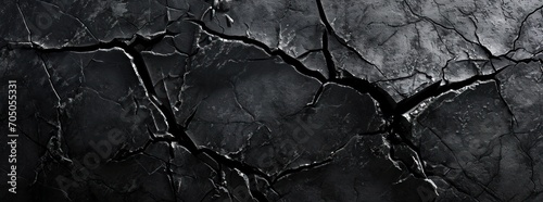 Textured black cracked surface, perfect for backgrounds in edgy, industrial design or to convey concepts of breakage and resilience.