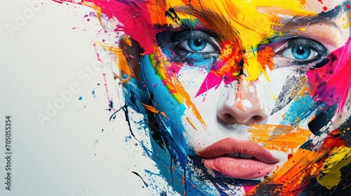 A vibrant canvas of self-expression, the woman's face is a masterpiece of modern art, adorned with colorful paint strokes that capture the essence of creativity and the power of visual storytelling photo