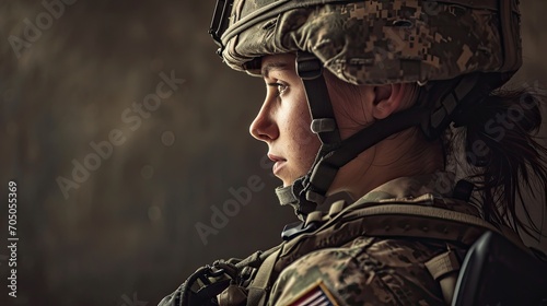 A strong, stoic woman stands tall in her military uniform, her determined face hidden behind a camouflage helmet, embodying the courage and dedication of a soldier in the midst of battle
