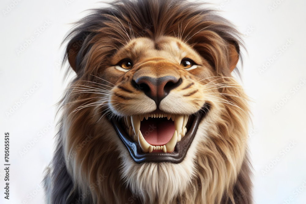 photorealistic mid portrait of a lion with a big teeth smile and huge eyes on a white background. ai generative