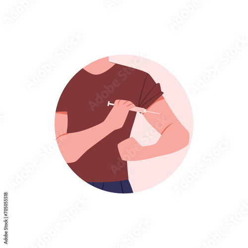 Round icon with man making self injection in shoulder flat style