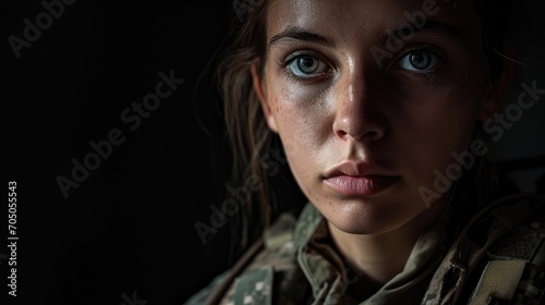 An empowering portrait of a fierce female soldier, her determined gaze and bold features captured in stunning detail through expert portrait photography