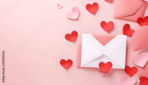 Saint Valentine day holiday background with envelope, paper card and various red hearts for love romantic message on pink pastel background