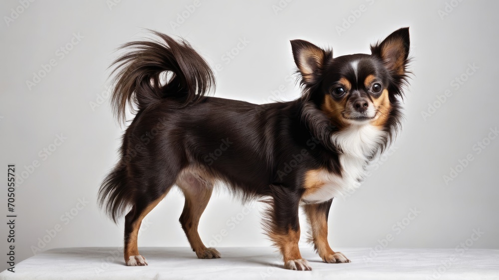 Chocolate long coat chihuahua dog on grey background Chocolate long coat chihuahua dog on grey background