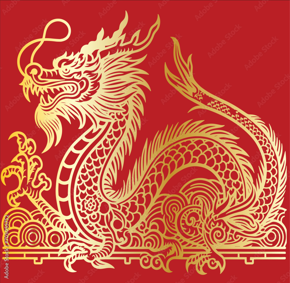 gold dragon on red background