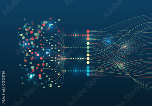 Data set analysis and visualization. Abstract business analytics. An array of information in the form of waves. Large data stream on a dark background, glowing lines and circles.