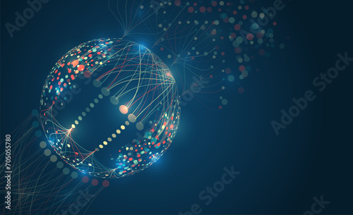 An array of information in the form of a luminous sphere. Large data stream on a dark background, glowing lines and circles. Data set analysis and visualization. Abstract business analytics