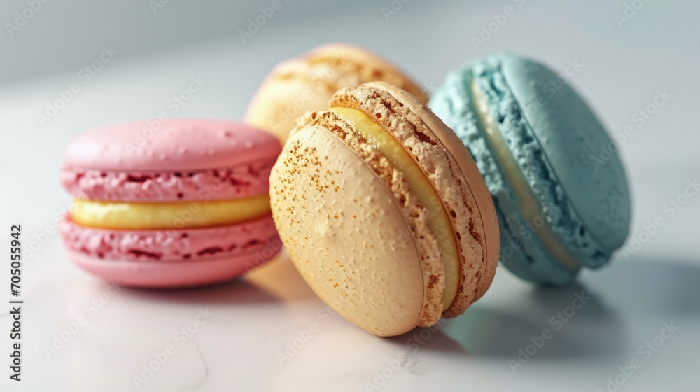 Obraz premium Colourful macarons isolated on white background. French cuisine, macaroon bakery concept