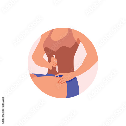 Woman applying injection to the thigh or leg with syringe, treatment of diabetes or sclerosis, vector self injection