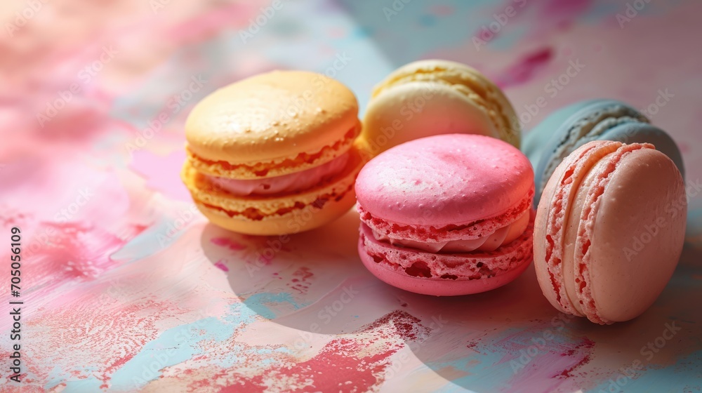 Fototapeta premium Colourful macarons sweet dessert on pastel background. French cuisine, macaroon bakery concept