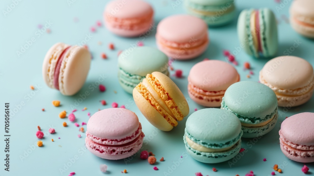 Colourful macarons sweet dessert on pastel background. French cuisine, macaroon bakery concept Colourful macarons sweet dessert on pastel background. French cuisine, macaroon bakery concept