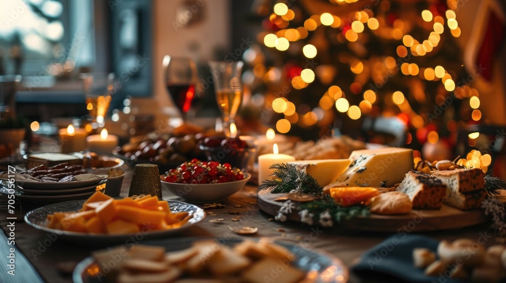 A table topped with plates of food next to a Christmas tree. Perfect for holiday celebrations and family gatherings