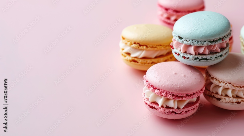 Colourful macarons sweet dessert on pastel background with free place for text. French cuisine, macaroon bakery concept Colourful macarons sweet dessert on pastel background with free place for text. French cuisine, macaroon bakery concept