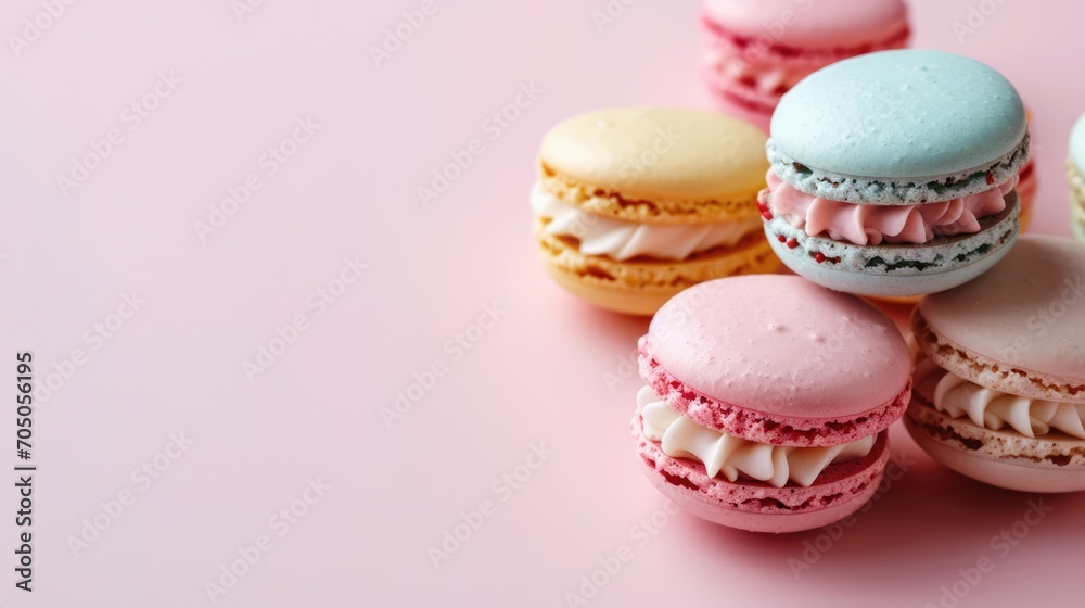 Colourful macarons sweet dessert on pastel background with free place for text. French cuisine, macaroon bakery concept