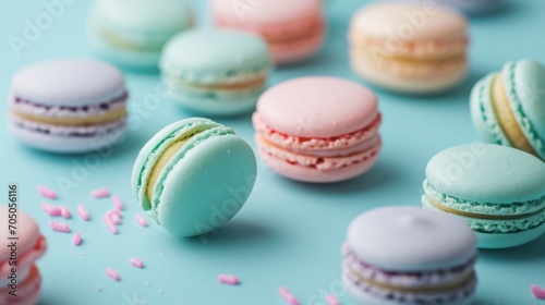 Colourful macarons sweet dessert on pastel background. French cuisine, macaroon bakery concept