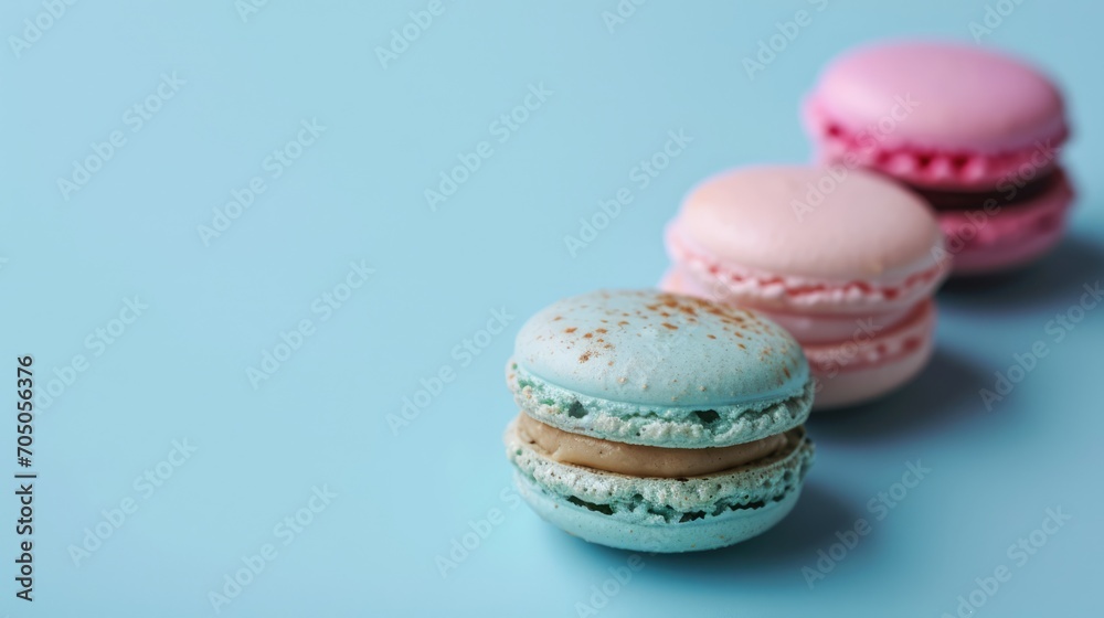 Colourful macarons sweet dessert on pastel background with free place for text. French cuisine, macaroon bakery concept Colourful macarons sweet dessert on pastel background with free place for text. French cuisine, macaroon bakery concept