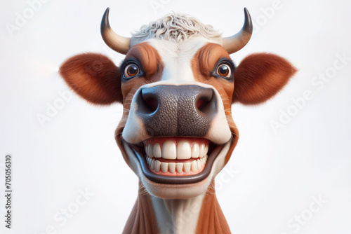 photorealistic portrait of a cow with a big teeth smile and huge eyes on a white background. ai generative photo