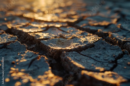 A close-up view of a cracked ground with the sun shining in the background. Suitable for various uses