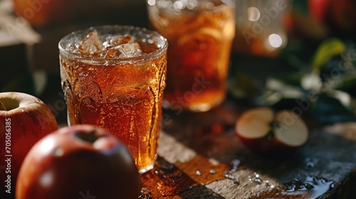 A glass of iced tea accompanied by two fresh apples. Perfect for a healthy snack or a refreshing beverage on a hot day