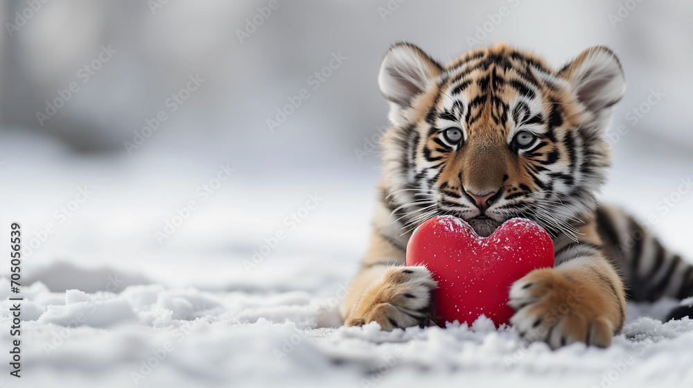 A cute tiger lying on a snow and holding a heart in its paws. Copy space. - obrazy, fototapety, plakaty 