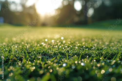 A close-up view of a field of grass with glistening water droplets. Perfect for nature and environmental themes