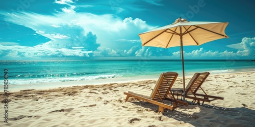 Two lounge chairs under an umbrella on a beach. Perfect for vacation and relaxation