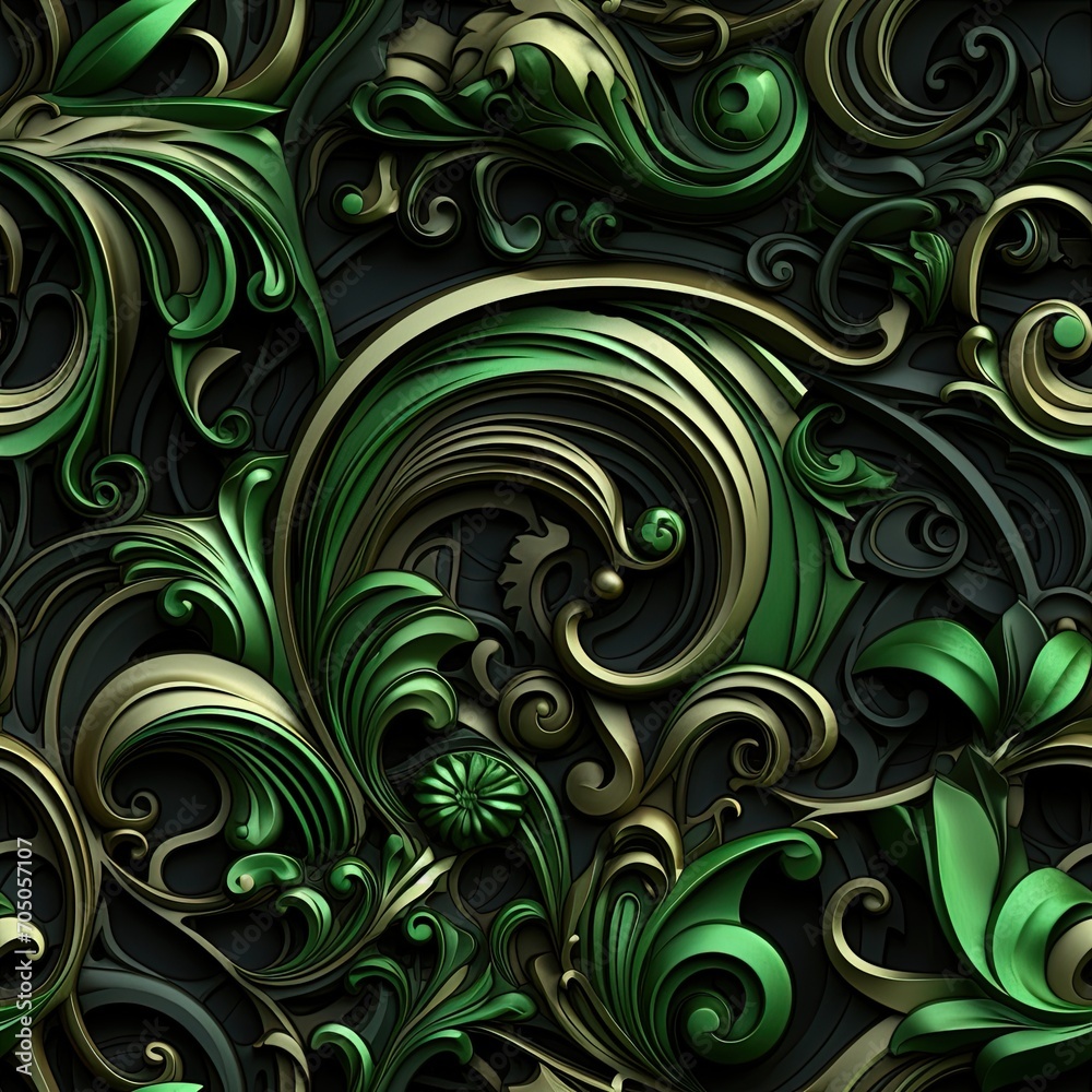 Tactile canvas in 3D style with ivy in shades of green and black. Seamless floral background. Generative AI Tactile canvas in 3D style with ivy in shades of green and black. Seamless floral background. Generative AI