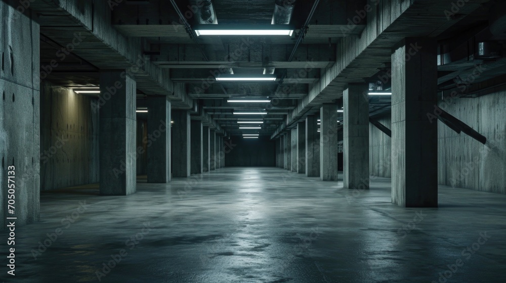 An image of a dark room with concrete walls and beams. This versatile picture can be used to depict a variety of settings such as a basement, warehouse, or abandoned building