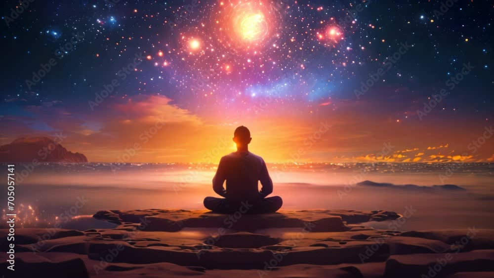 Silhouette of a person meditating on the beach, watching the sea at night with a colorful glowing galaxy in the sky. generative ai Silhouette of a person meditating on the beach, watching the sea at night with a colorful glowing galaxy in the sky. generative ai