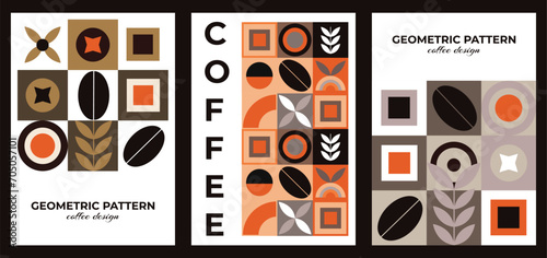Set of posters geometric pattern coffee design. Poster, flyer, card, banner, cover template on coffee theme. Vector drawing, design element.