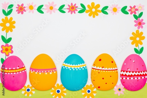 Easter frame or border with colorful eggs and flowers