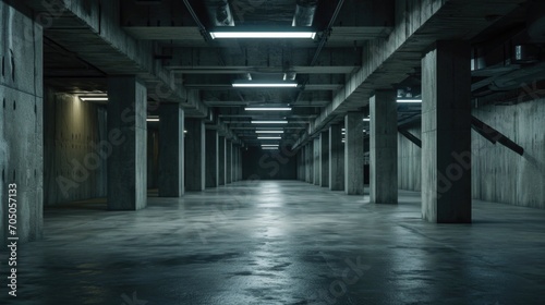 An image of a dark room with concrete walls and beams. This versatile picture can be used to depict a variety of settings such as a basement, warehouse, or abandoned building © Fotograf