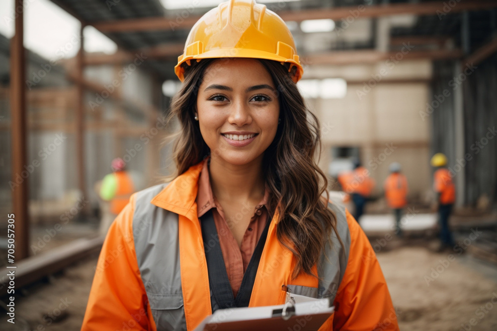 Portrait of a young female engineer at construction site holding clipboard smiling at the camera. Generative AI. Portrait of a young female engineer at construction site holding clipboard smiling at the camera. Generative AI.