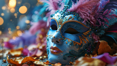 Blue Venetian carnival mask on bokeh background.