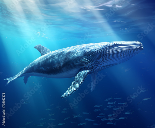 Giant blue whale gracefully swimming in the vast ocean. A breathtaking encounter with marine majesty. Perfect for nature enthusiasts © Seksan