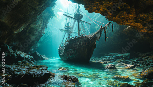 Pirate ship in the cave with turquoise water and blue sky