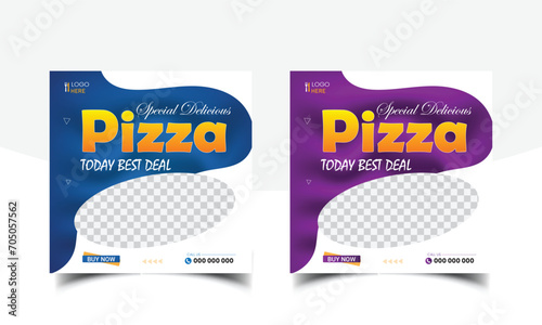 Fast food restaurant business marketing social media post or web banner template design with abstract background, logo and icon. Fresh pizza, burger & pasta online sale promotion flyer or poster. photo