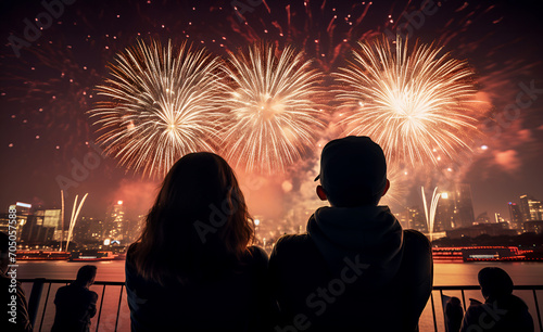 Lovers couple silhouette back view watching, enjoy fireworks, salute at festive night show on dark city sky, at riverside near river